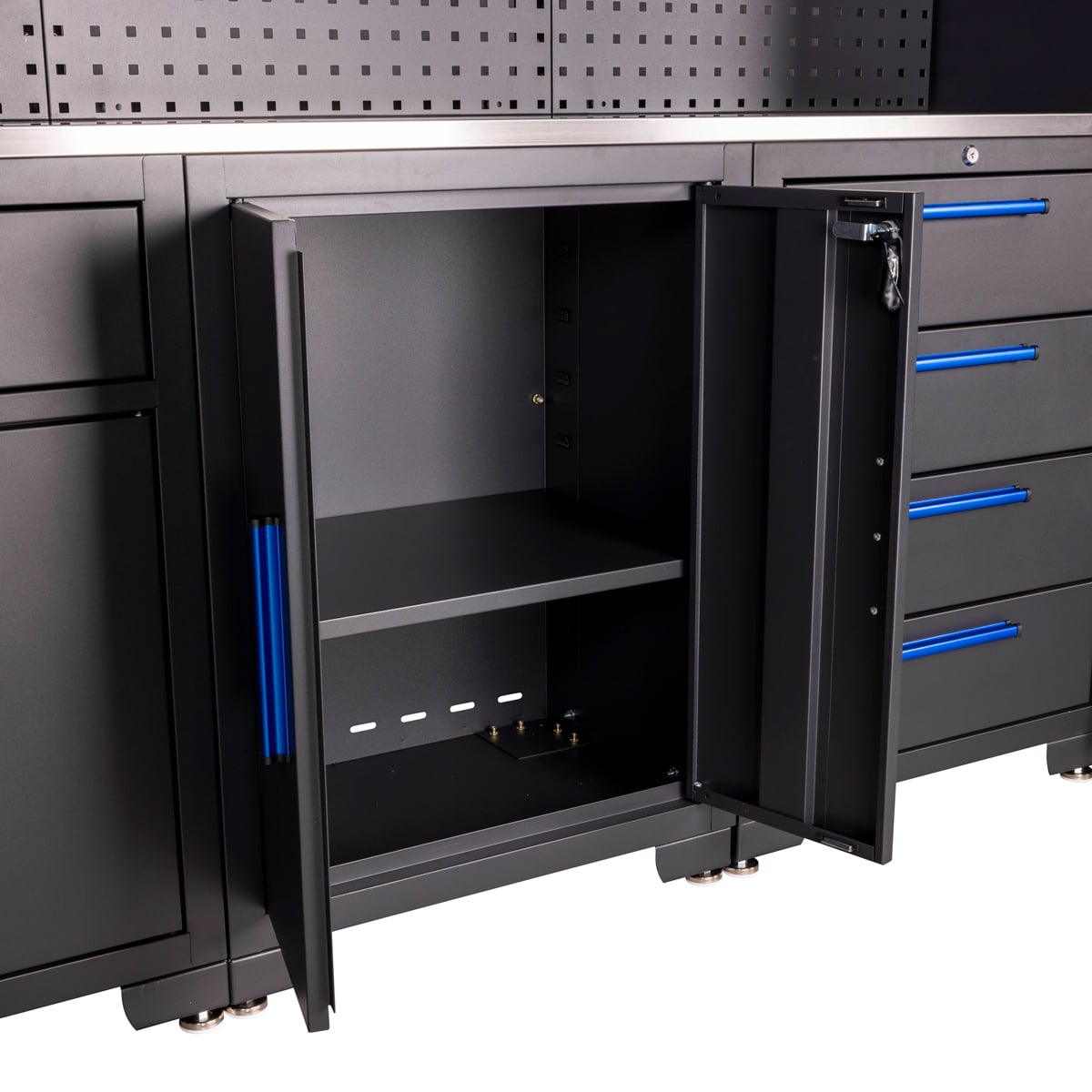 SGS 9pc Garage Storage System with Pegboard | Stainless Steel Worktop | 3x Floor Cabinets | 3x Upper Cabinets | 2x Tall Double Side Cabinets